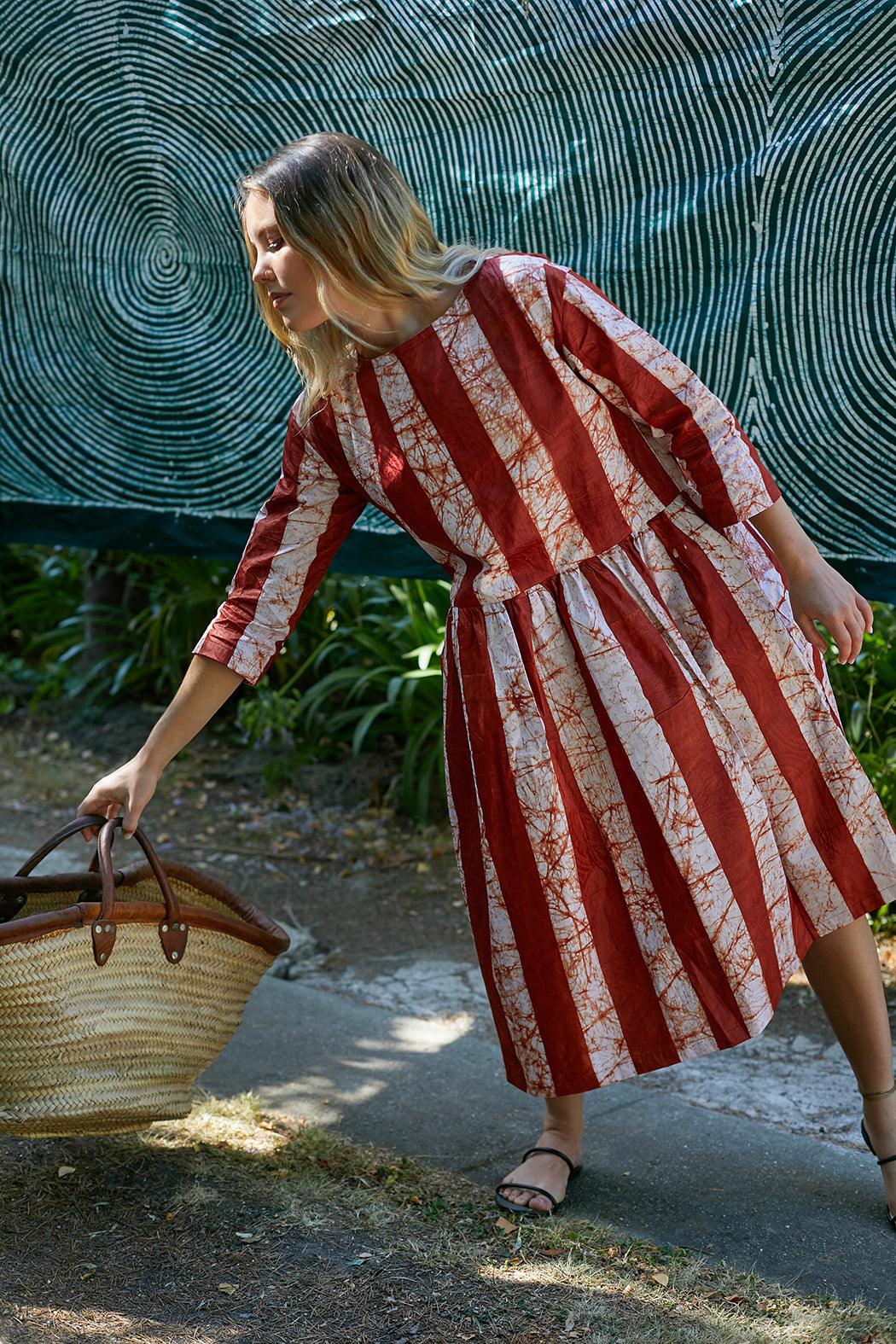 Day Dress, Organic Cotton, Striped Rust - ULO Australia